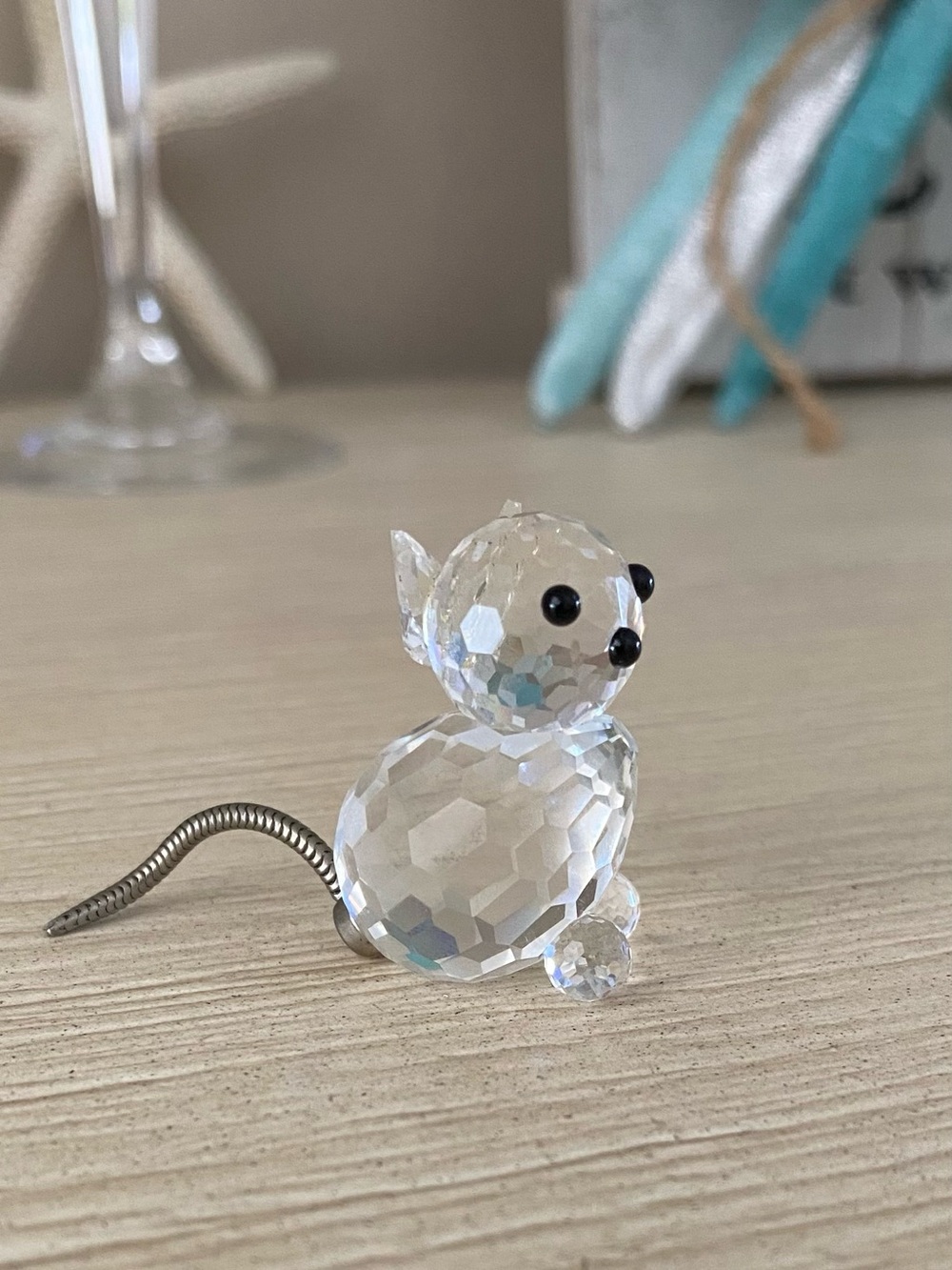 Swarovski Crystal Miniature Cat Figurine Silver-Tone Wire Tail Vintage 1990s